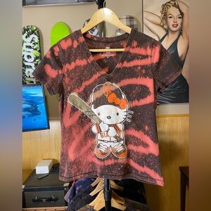 Girls hello Kitty theme San Francisco Giants baseball V-neck shirt.